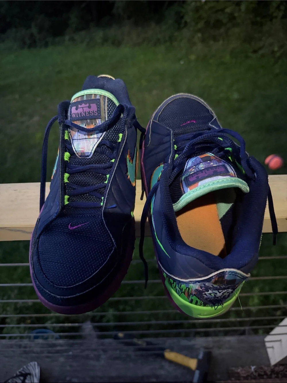 Nike Kids Navy Lebrons with Purple, Teal & Orange Accents— Come smelling Fresh